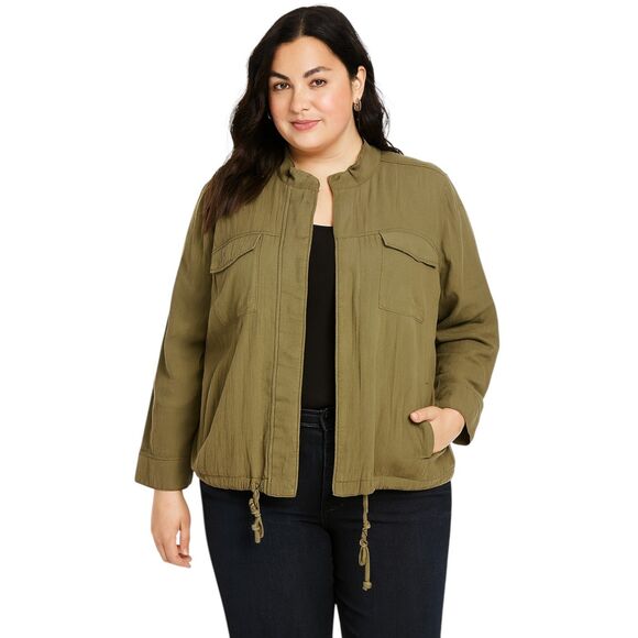 NEW Caslon Plus Size 1X All Cotton Crinkled Olive Green Jacket Zip Snap Close - Picture 1 of 14